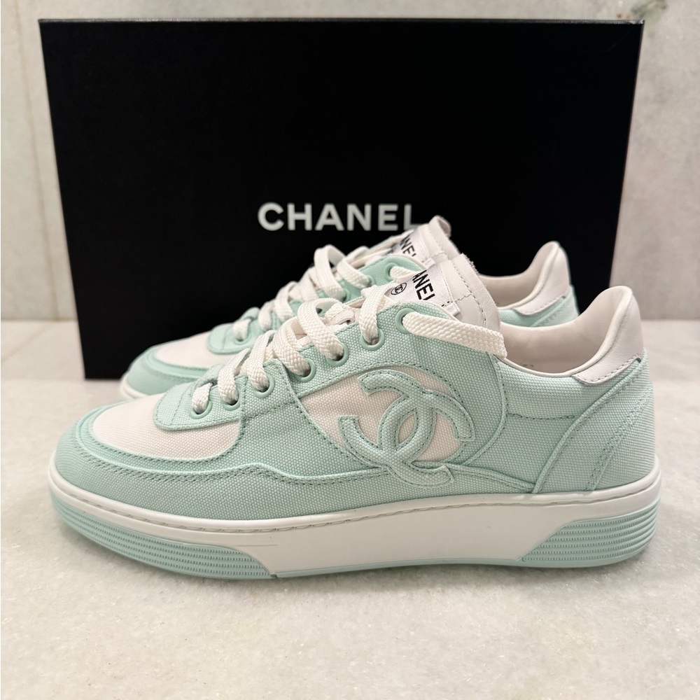 Chanel 24C Cruise 2024 Light Turquoise White Cotton CC Logo Trainers Sneakers 37